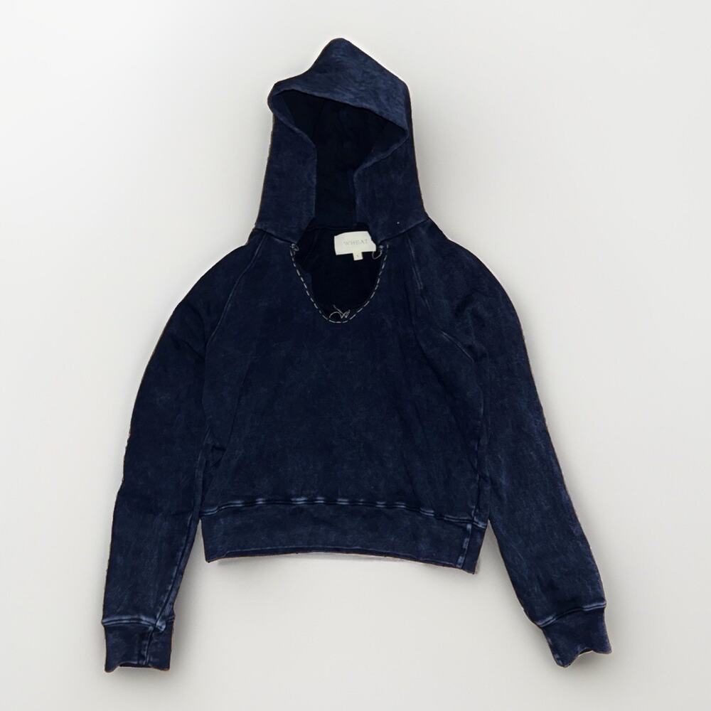 WHEAT Womens Hoodie Small Cropped Boxy Washed Navy Sample Prototype Pullover